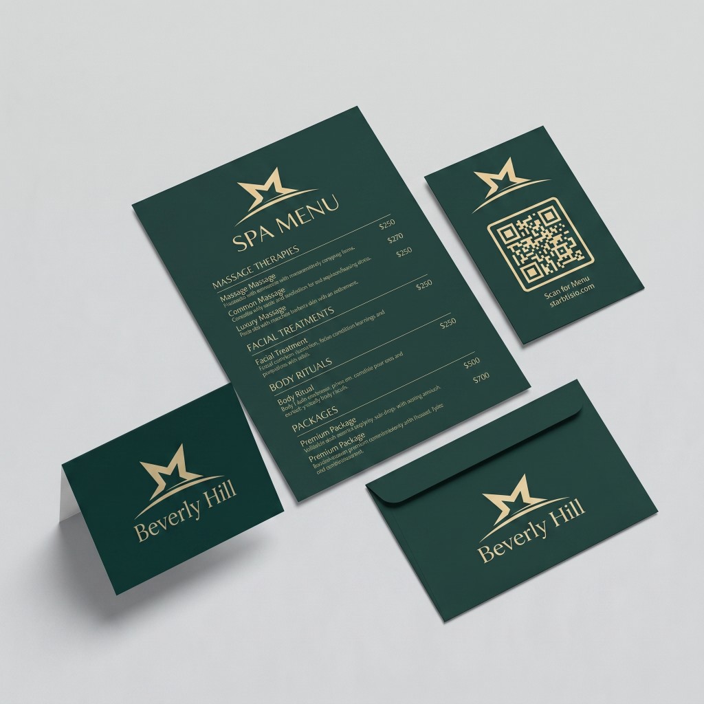 Hiltara Resort spa and F&B menu deck: massage, facials, body rituals, and packages on green and gold stationery