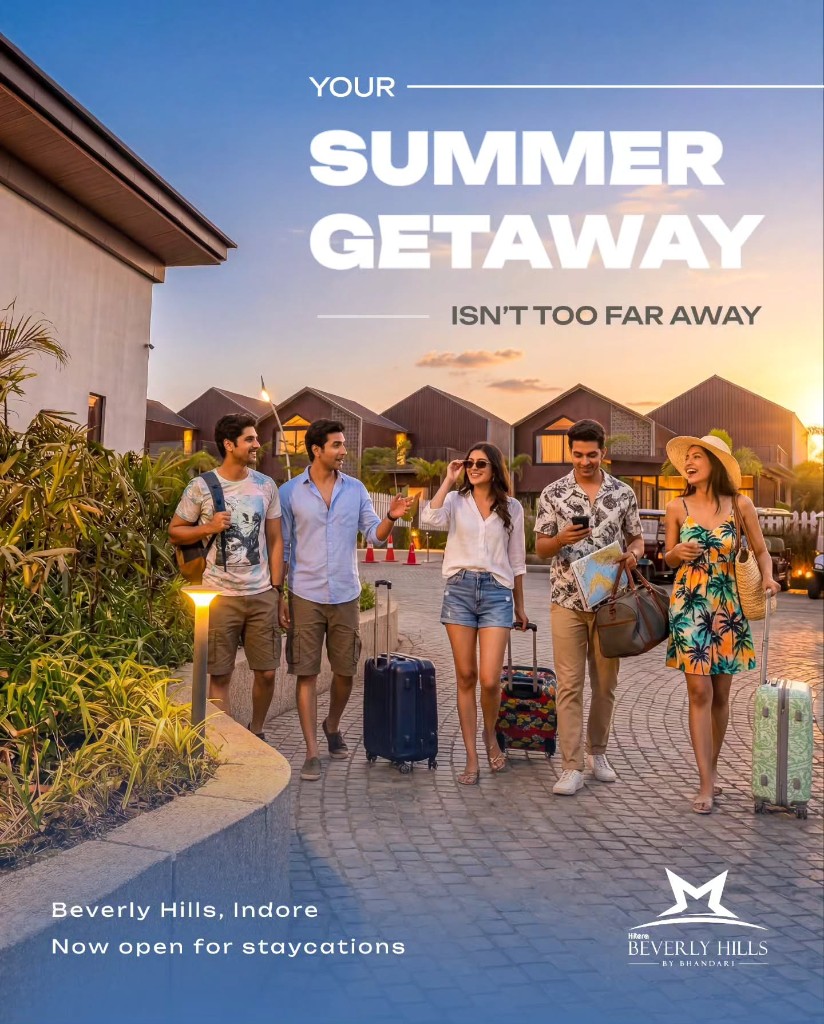 Beverly Hills Indore summer getaway social banner: staycations open, group arriving at resort at sunset